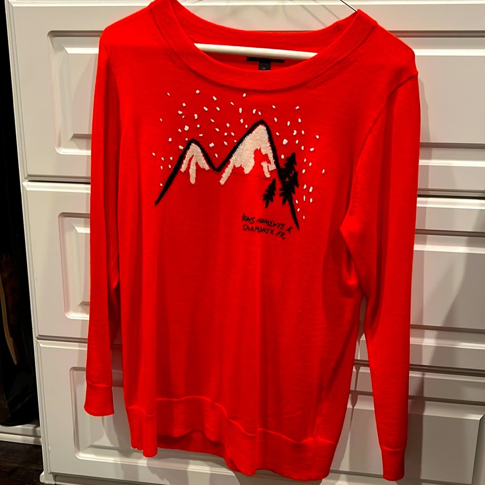 Jcrew red merino wool sweater, Chamonix France mountain design on front